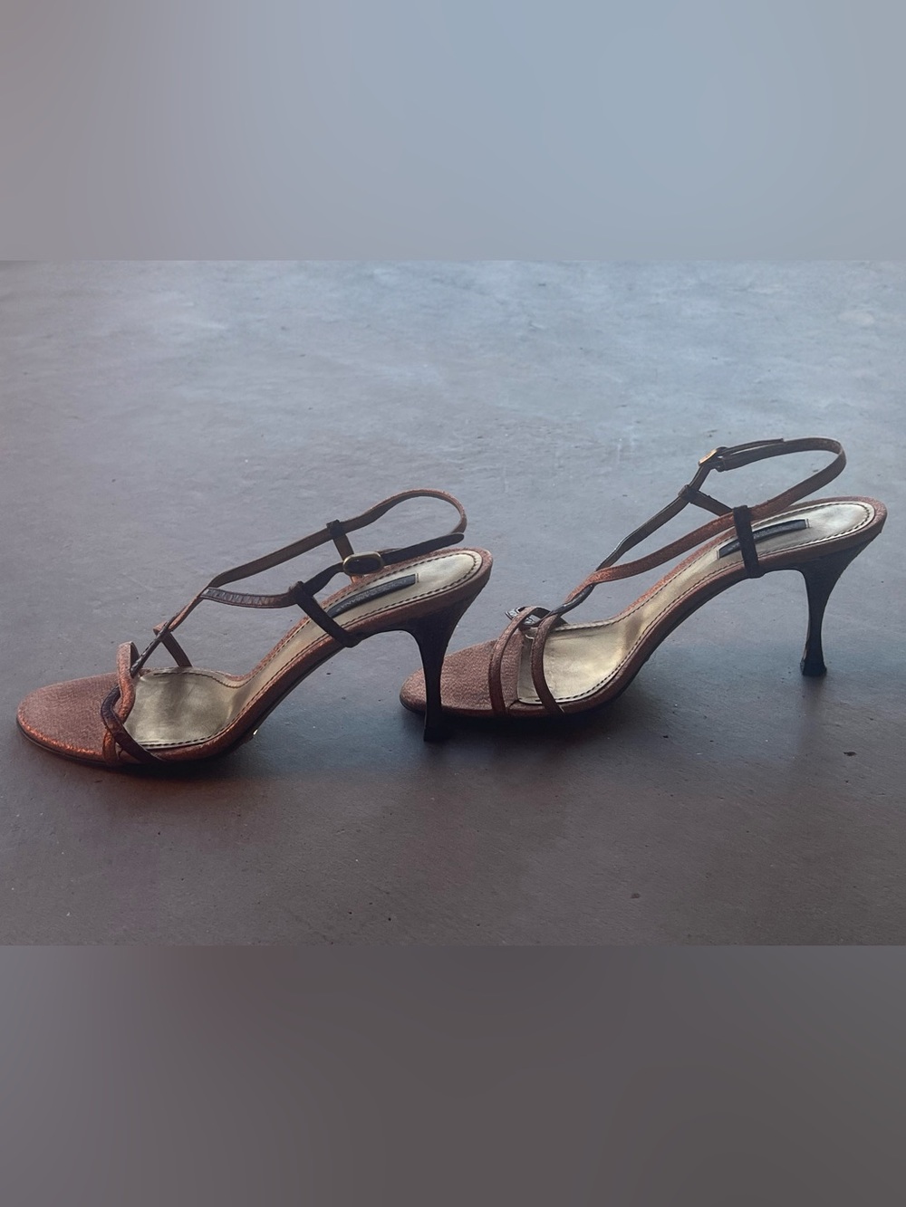 Dolce & Gabbana Bronze Metallic Snakeskin Effect Strappy Stiletto Sandals 38.5
